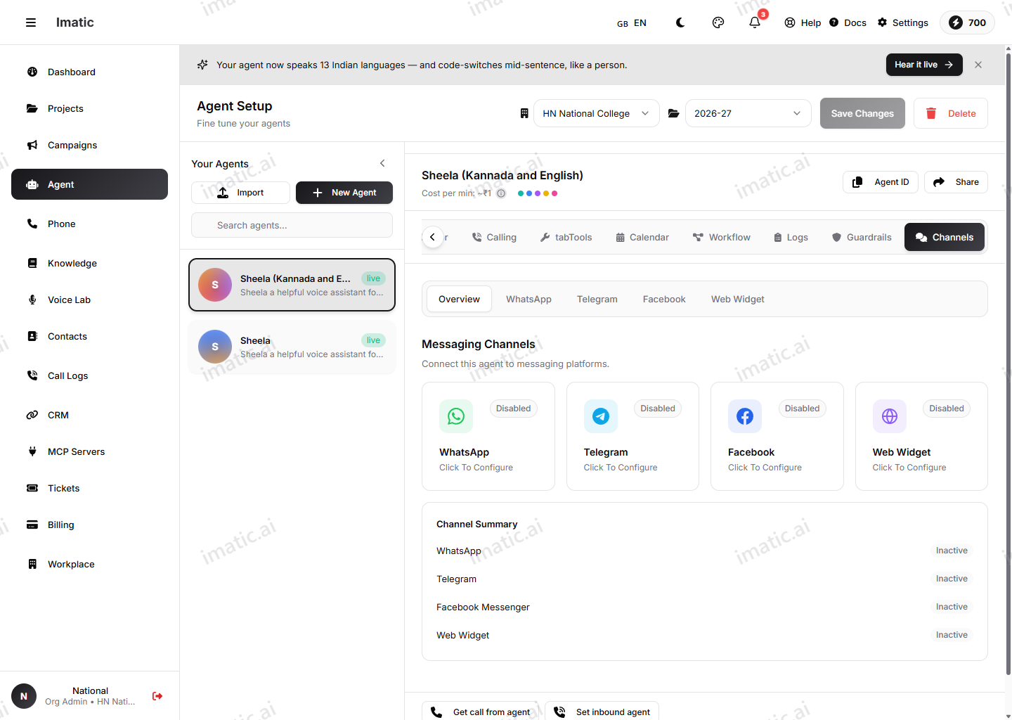 The agent Channels tab