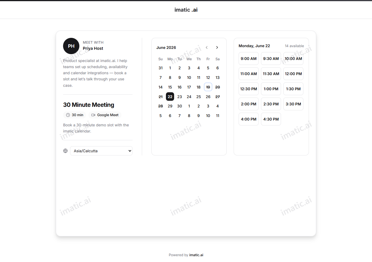 The booking page in dark mode