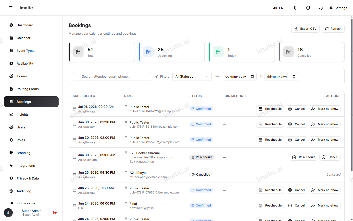 The bookings dashboard with totals and color-coded status badges