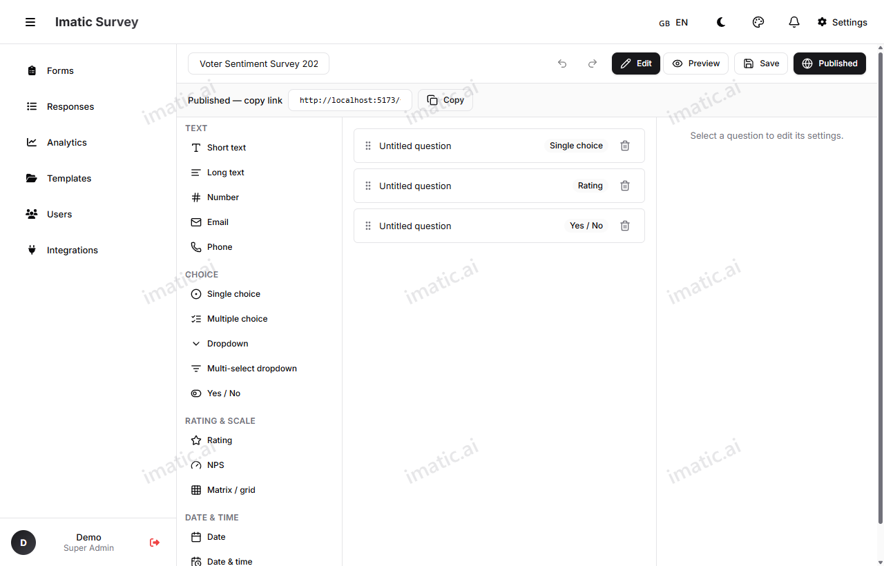 A published form in the builder, with the share options available