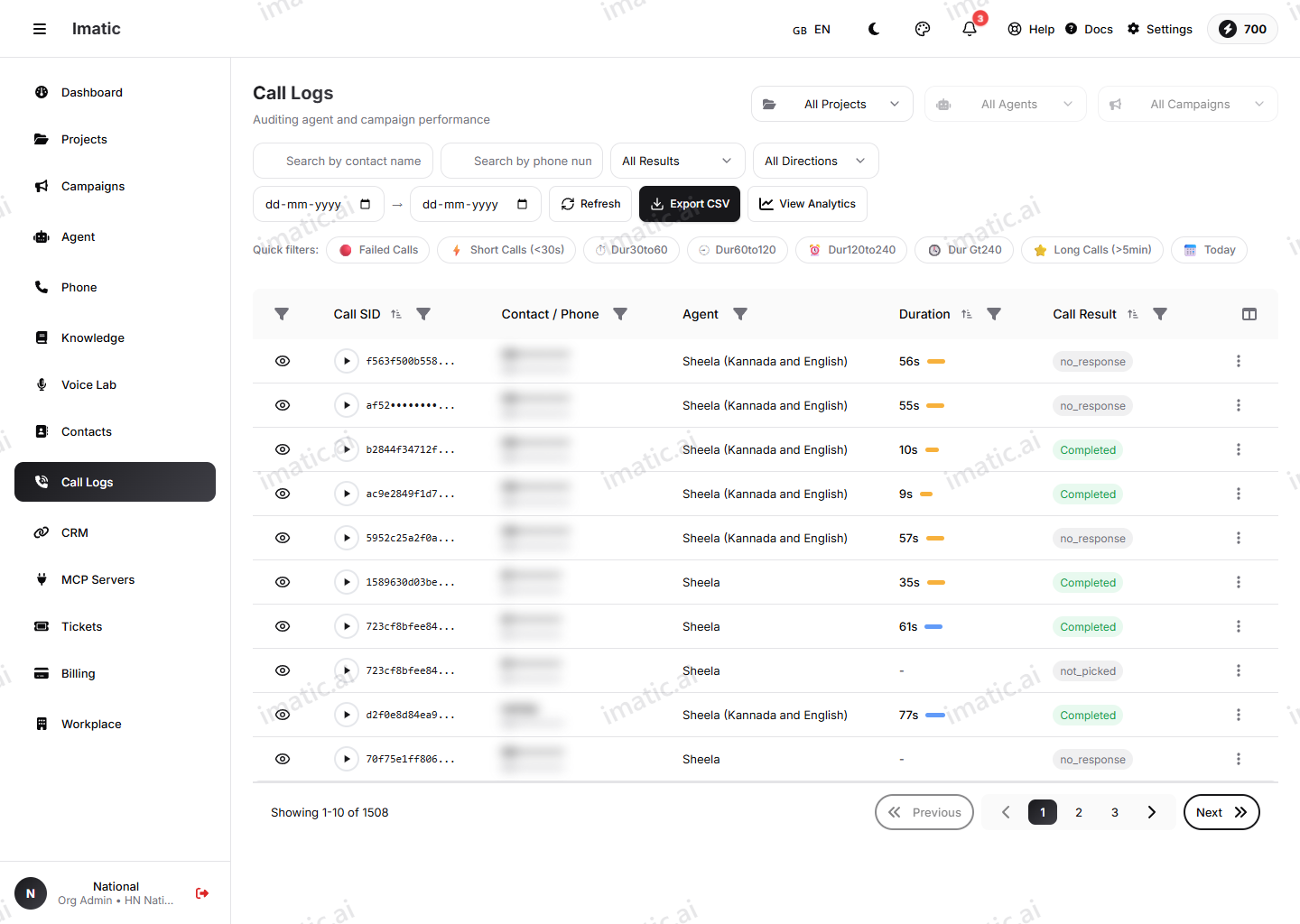 The Call Logs table