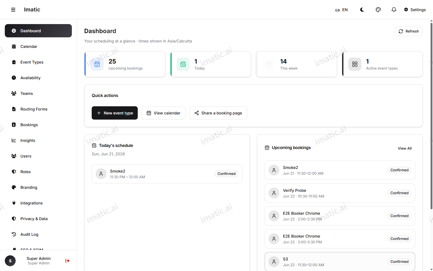 The imatic Calendar dashboard showing upcoming bookings and quick actions